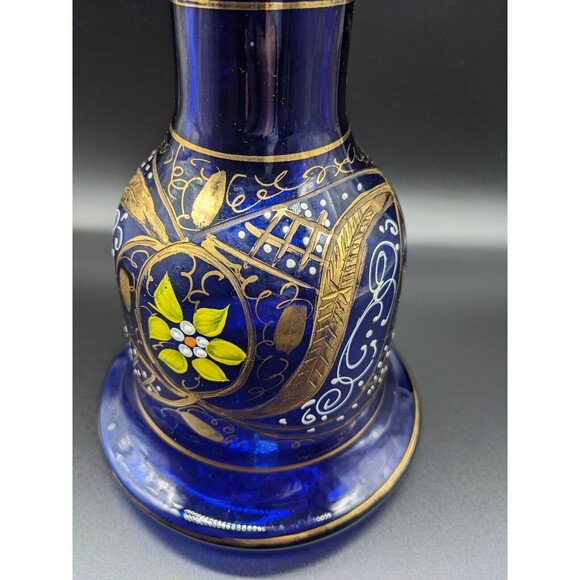 Vintage Persian Cobalt Blue Glass Decanter Vase 11.5 " Handpainted EUC - Picture 3 of 7